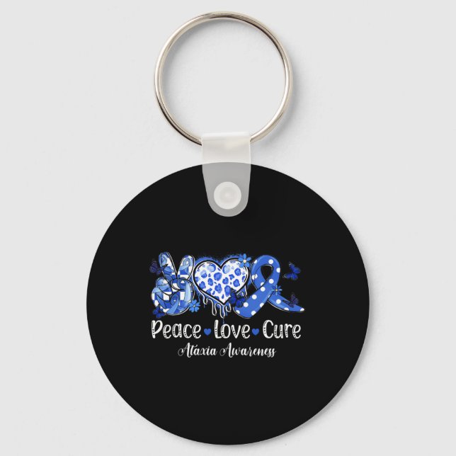 Groovy Peace Love Cure Blue Ribbon Ataxia Awarenes Key Ring (Front)