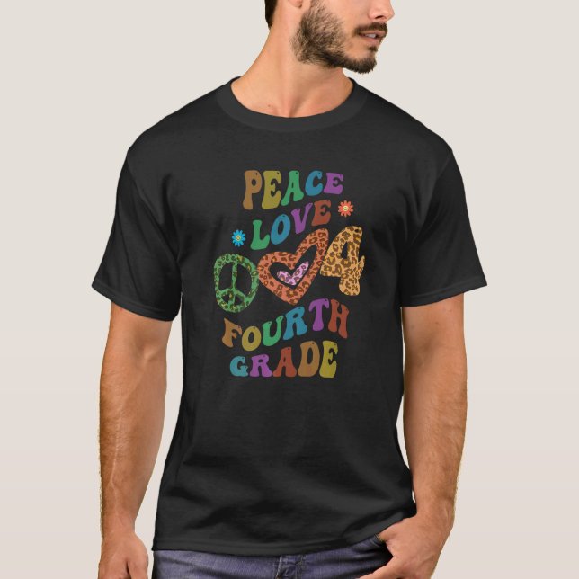 Groovy PEACE LOVE FOURTH GRADE Leopard Print 4th G T-Shirt (Front)