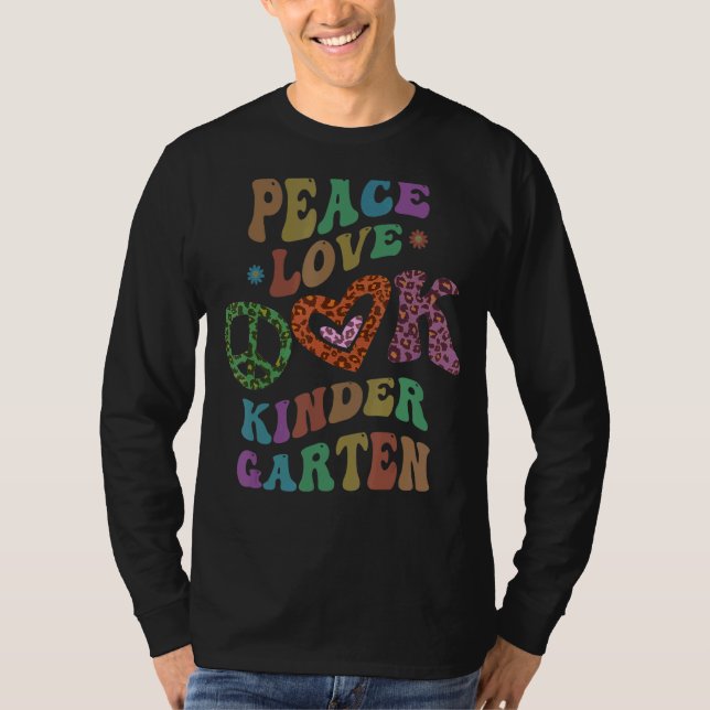 Groovy PEACE LOVE KINDERGARTEN Leopard Print Kinde T-Shirt (Front)