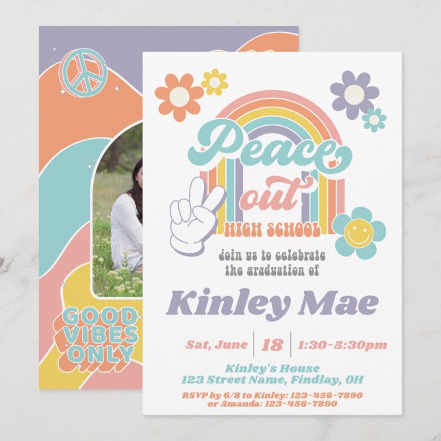 Groovy Peace Out High School Graduation Party Invitation (Front/Back)