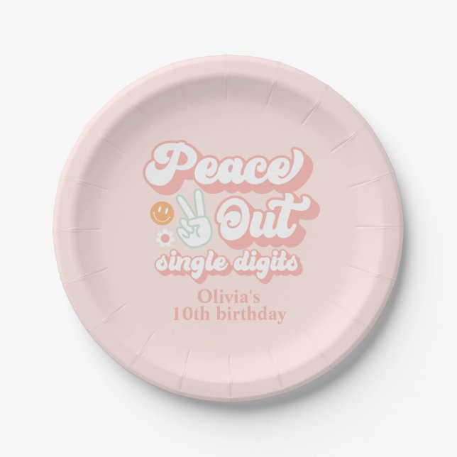 Groovy Peace Out Single Digits 10th Birthday Paper Plate (Front)