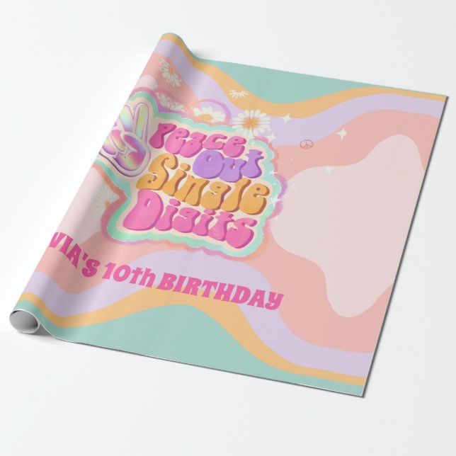 Groovy Peace Out Single Digits 10th Sign Wrapping Paper (Unrolled)