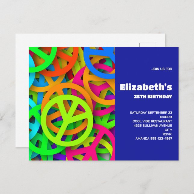 Groovy Peace Signs Rainbow Pattern Birthday Invite Postcard (Front/Back)