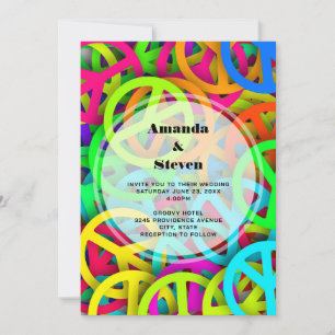 Groovy Peace Signs Rainbow Pattern Wedding Invitation
