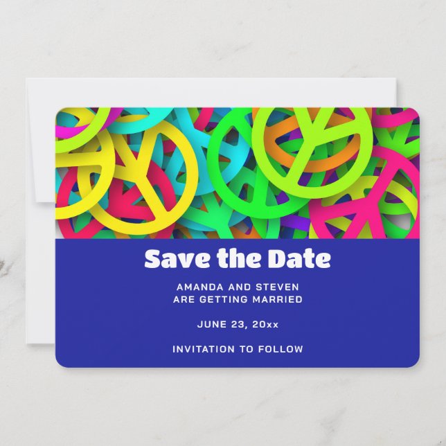 Groovy Peace Signs Rainbow Pattern Wedding Save The Date (Front)