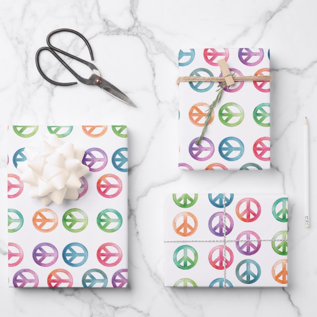 Groovy peace signs watercolor style hippie love wrapping paper sheet (Front)