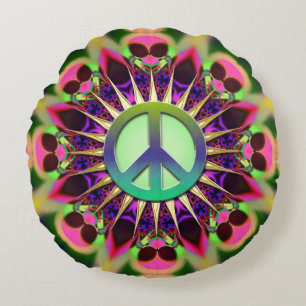 Groovy Pink Alien Peace Sign Round Cushion