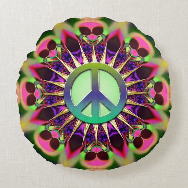 Groovy Pink Alien Peace Sign Round Cushion (Front)