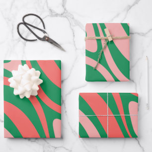 Groovy Pink and Green Retro Christmas Swirls Wrapping Paper Sheet