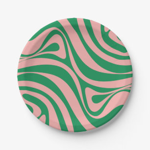 Groovy Pink and Green Retro Swirls Paper Plate