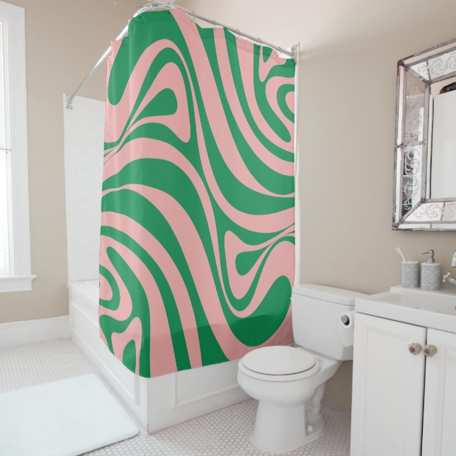 Groovy Pink and Green Retro Swirls  Shower Curtain (In Situ)