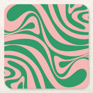 Groovy Pink and Green Retro Swirls Square Paper Coaster