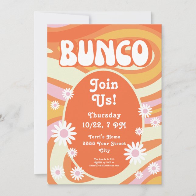 Groovy Pink and Orange Floral Bunco Invitation (Front)