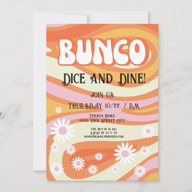 Groovy Pink and Orange Floral Bunco Ladies Night Invitation (Front)