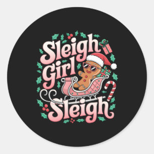 Groovy Pink Christmas Sleigh Girl Sleigh Gingerbre Classic Round Sticker