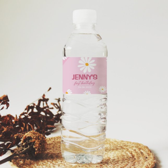 Groovy Pink Daisy Birthday Water Bottle Label (Creator Uploaded)