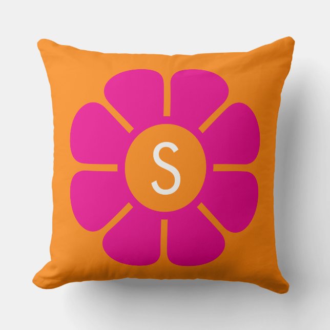 Groovy Pink Daisy with Custom Orange Monogram Cushion (Front)