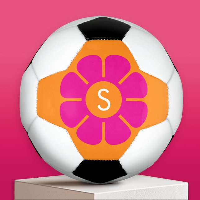 Groovy Pink Daisy with Custom Orange Monogram Football (Custom Soccer Ball)