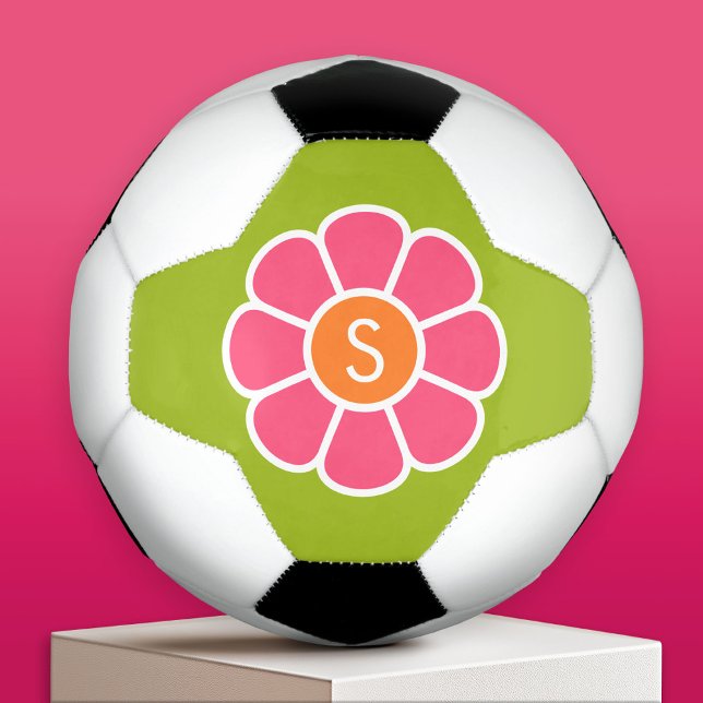Groovy Pink Daisy with Custom Orange Monogram Football (Custom Soccer Ball)