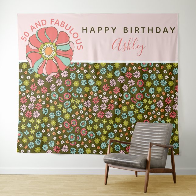 Groovy Pink Floral Birthday Photo Backdrop Tapestry (In Situ (Horizontal))