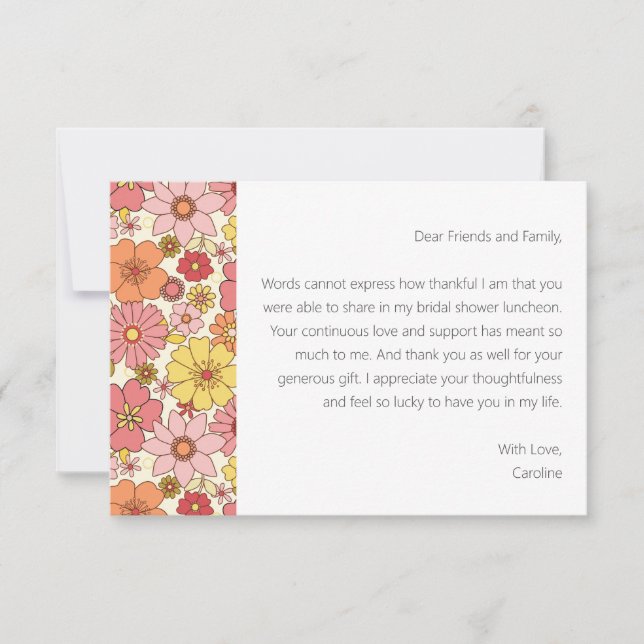 Groovy Pink Floral Bridal Shower Custom Message Thank You Card (Front)