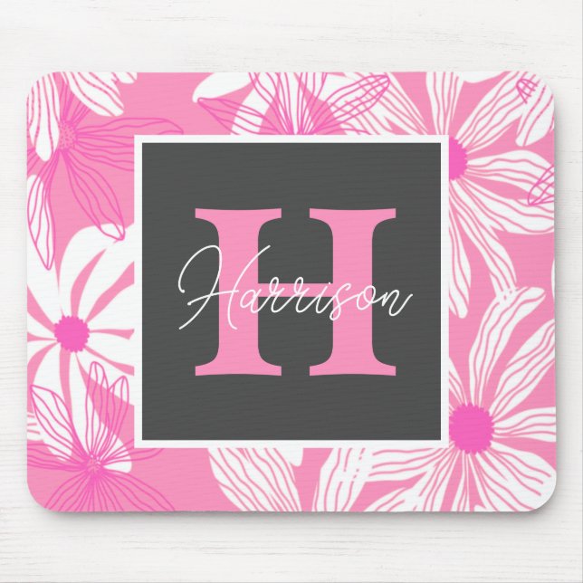 Groovy pink floral Flowers Monogram   Mouse Mat (Front)