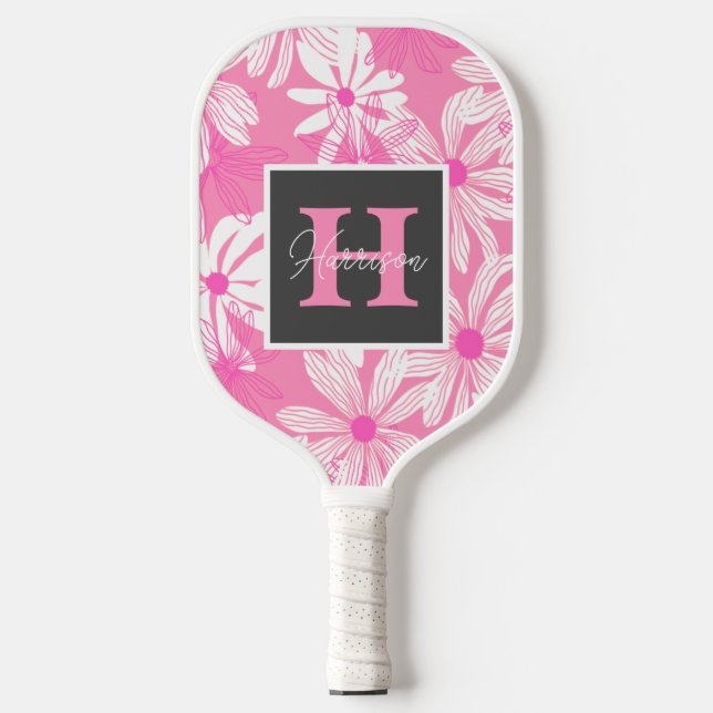 Groovy pink floral Monogram & Name Personalised  Pickleball Paddle (Front)