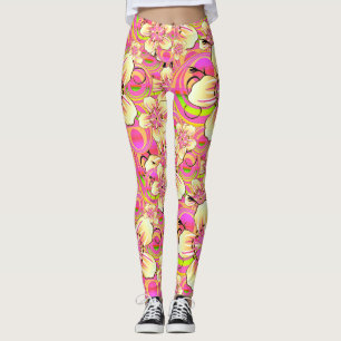 groovy pink flower pattern leggings