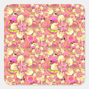 groovy pink flower pattern square sticker