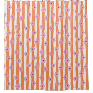 Groovy Pink Flowers on Orange Stripes Shower Curtain