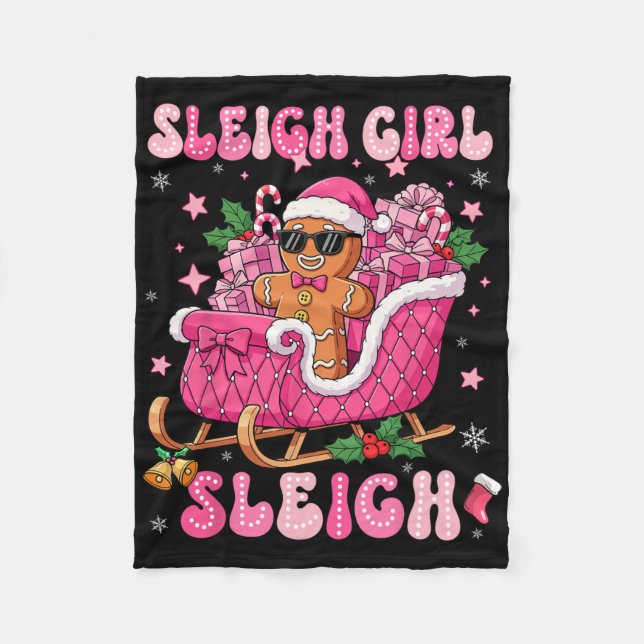 Groovy Pink Gingerbread Sleigh Coquette Bow Christ Fleece Blanket (Front)