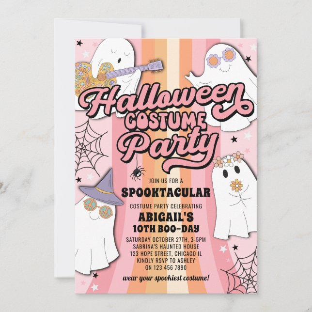 Groovy Pink Halloween Girl Costume Birthday Party  Invitation (Front)