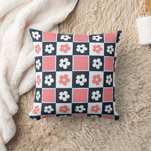 Groovy Pink & Navy Chequerboard Flower Cushion