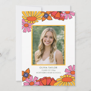 Groovy Pink Orange Flowers Photo Graduation Party Invitation