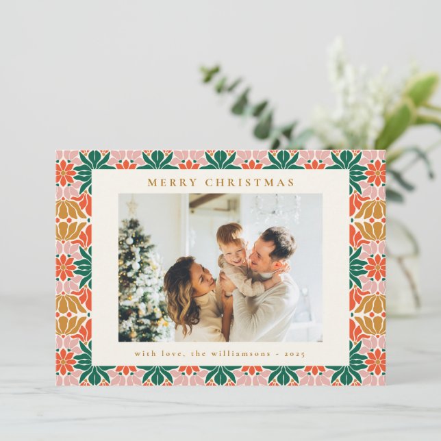 Groovy Pink Red Green Boho Floral Two Photo Holiday Card (Standing Front)