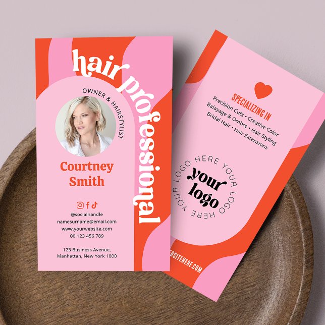 Groovy Pink & Red Modern Hair Stylist Salon Photo Business Card (Trendy pink and red hair salon business cards with photo and groovy fonts + arch background)
