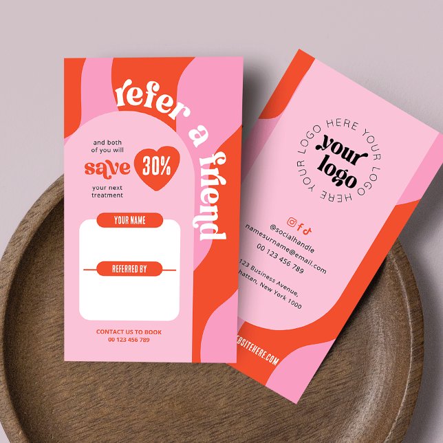 Groovy Pink & Red Refer a Friend Logo Beauty Salon Referral Card (Trendy red & pink groovy referral cards with your logo and custom discount offer)
