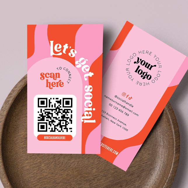 Groovy Pink & Red Trendy Social Media QR Code Business Card (Trendy retro QR code business cards - great to promote your social media or website)