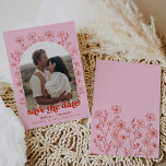 groovy pink retro floral photo save the date invitation<br><div class="desc">this pink retro floral save the date features pink and red hues with the option to add your own special photo. click "customise further" to access all editing options including the ability to change all colours of the invitation.</div>