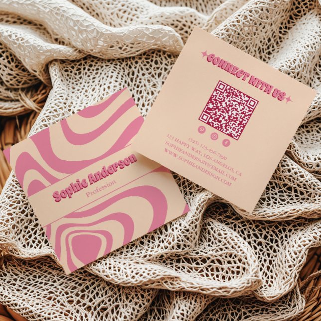 Groovy Pink Retro Wave with QR Code Square Business Card (Creator Uploaded)