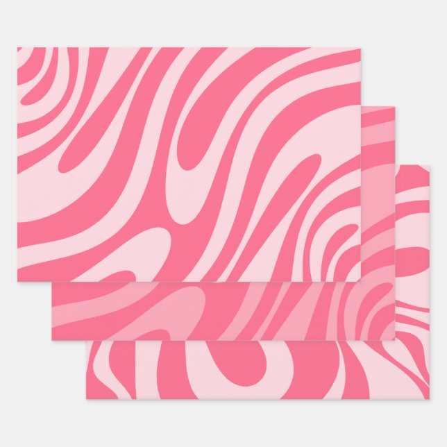 Groovy Pink Wavy Loops Retro Abstract Patterns Wrapping Paper Sheet (Set)