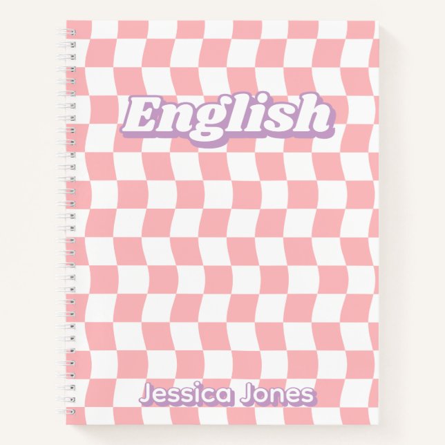 Groovy Pink White Checkerboard English School Notebook (Front)