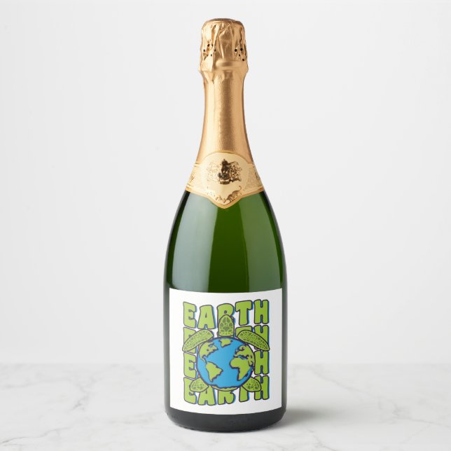 Groovy Planet Earth Day Sea Turtle Lover Ocean Sparkling Wine Label (Front)