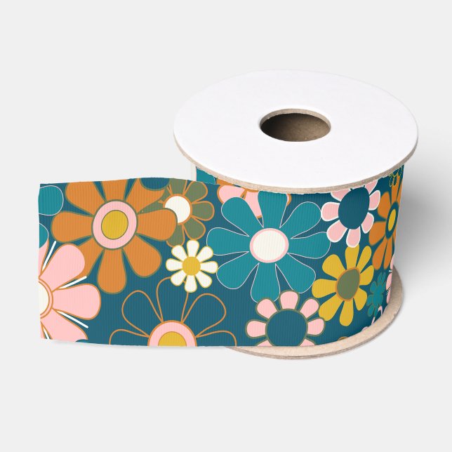 Groovy Pretty Retro Floral Pattern Grosgrain Ribbon (Spool)