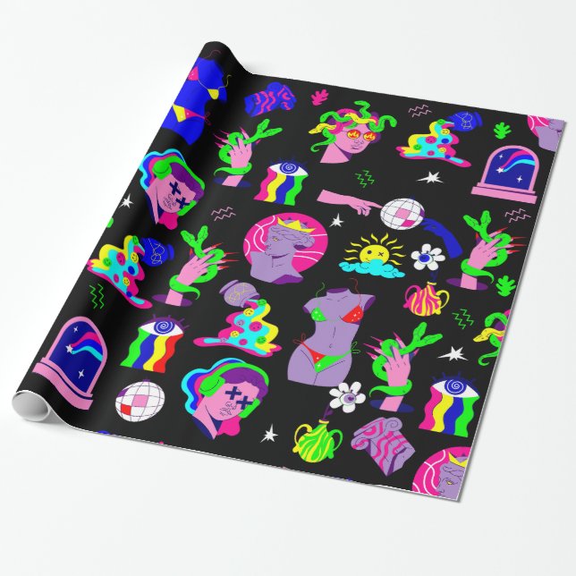 groovy psychedelic medusa disco black wrapping paper (Unrolled)