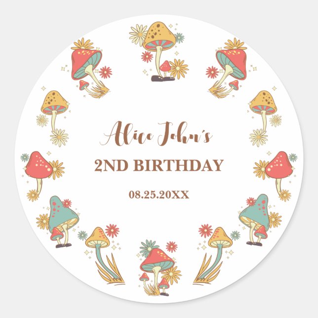 Groovy Psychedelic Mushroom Kids Birthday  Classic Round Sticker (Front)