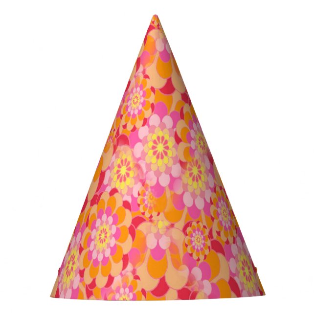 Groovy Psychedelic Pink Orange Hippy Flower Child Party Hat (Front)