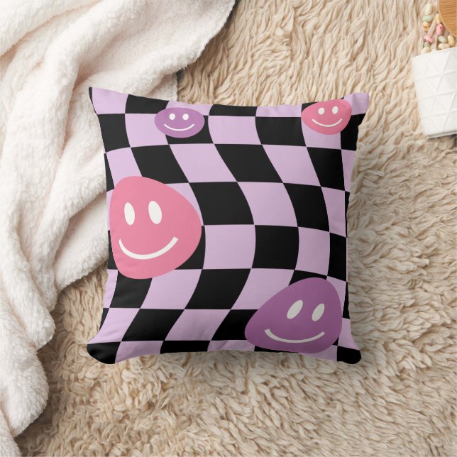 Groovy psychedelic Retro Smiley Chequerboard, Cushion (Blanket)