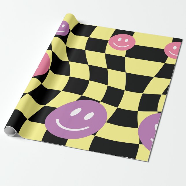 Groovy psychedelic Retro Smiley Chequerboard, Wrapping Paper (Unrolled)