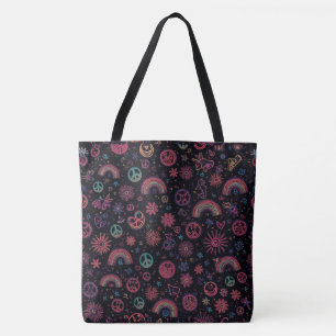Groovy Psychedelic Tote Bag   70s Rainbow & Smiley